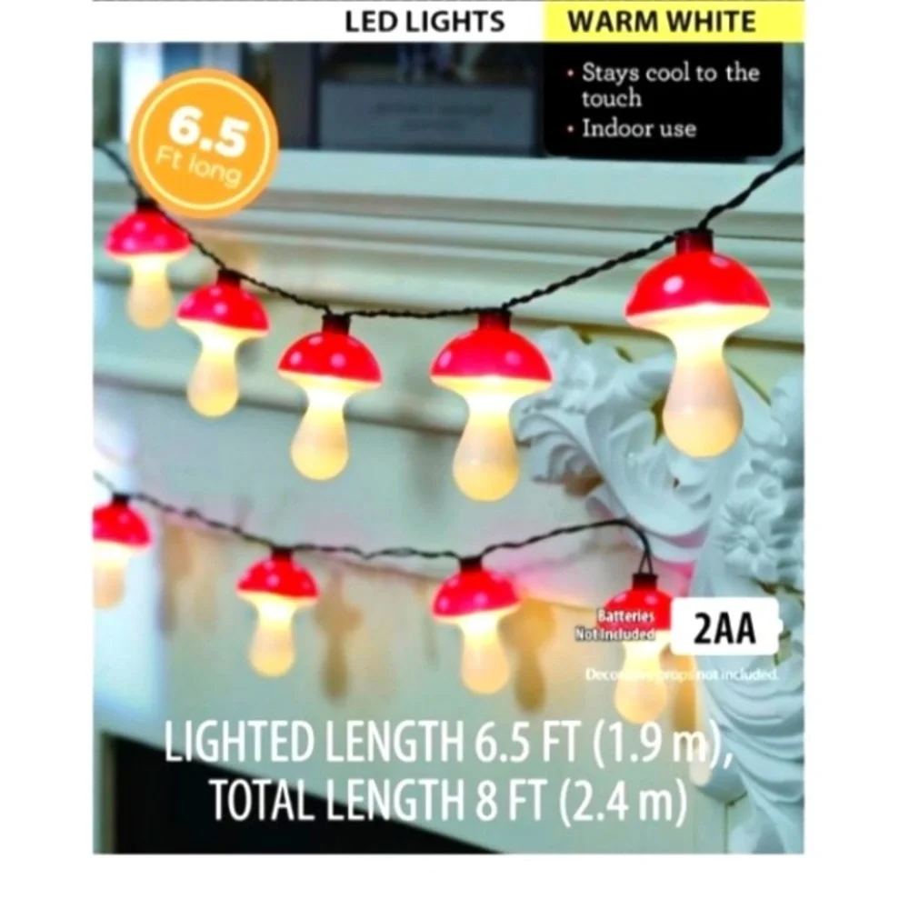 Mushroom Hippie Retro 70’s String Fairy led lights 10 Indoor only 6.5 Feet NWT
